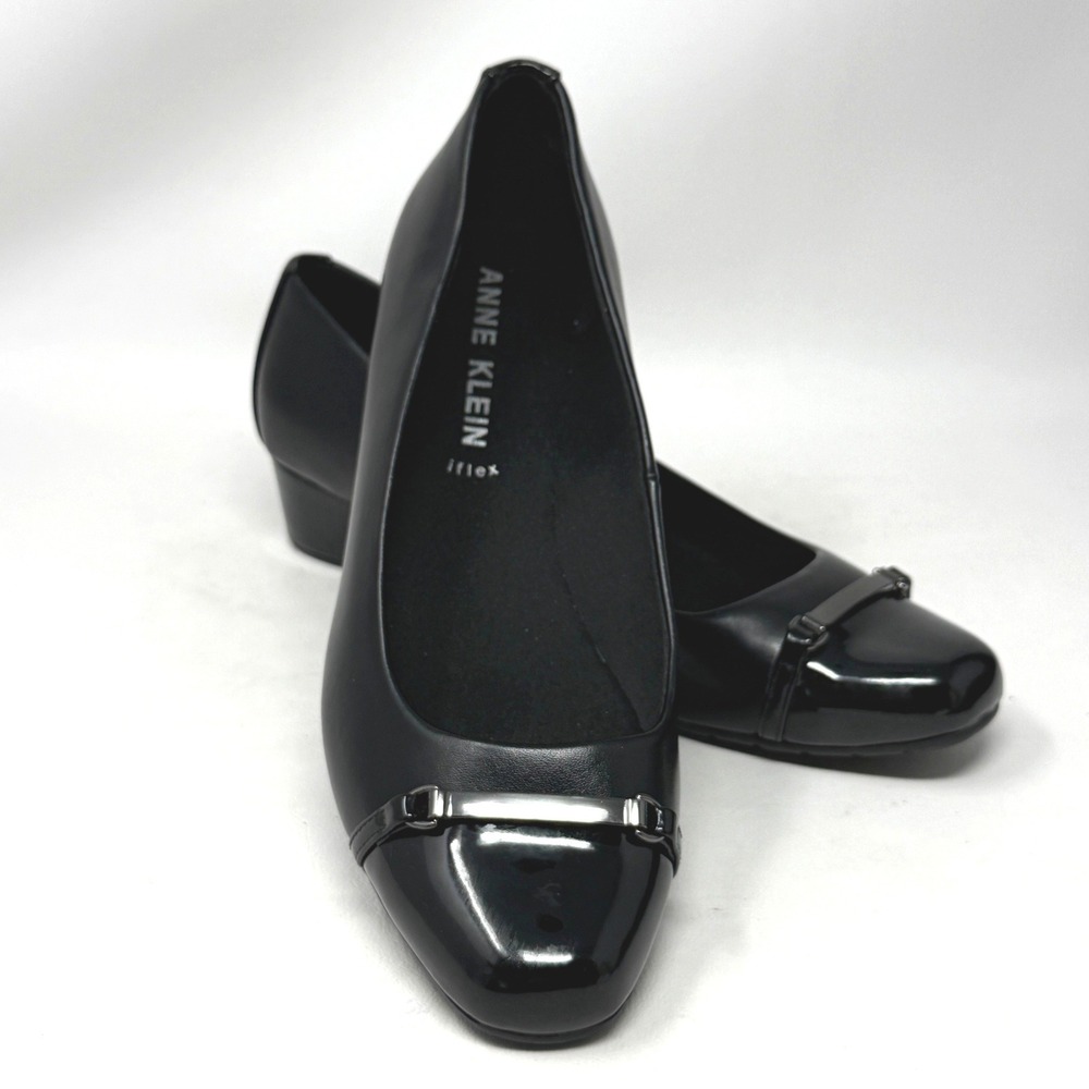 Anne Klein Marion Black Wedge Pumps Patent Shoe Women 9.5M Preppy Office Minimal